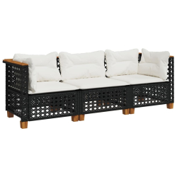 Sofa ogrodowa z poduszkami, 3-osobowa, czarna, polirattan