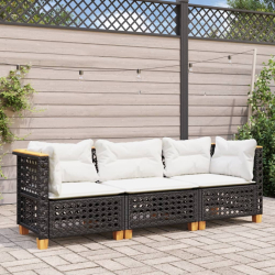 Sofa ogrodowa z poduszkami, 3-osobowa, czarna, polirattan