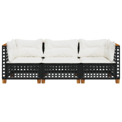 Sofa ogrodowa z poduszkami, 3-osobowa, czarna, polirattan