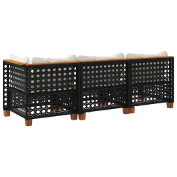Sofa ogrodowa z poduszkami, 3-osobowa, czarna, polirattan