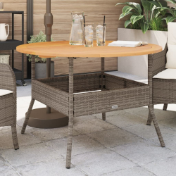 Stół ogrodowy z akacjowym blatem, szary, Ø110x71 cm, rattan PE