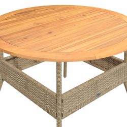 Stół ogrodowy z akacjowym blatem, beż, Ø110x71 cm, rattan PE
