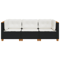 Sofa ogrodowa z poduszkami, 3-osobowa, czarna, polirattan