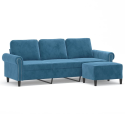 3-osobowa sofa z podnóżkiem, niebieska, 180 cm, aksamit