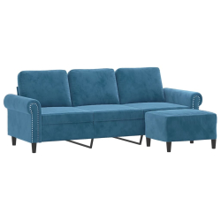3-osobowa sofa z podnóżkiem, niebieska, 180 cm, aksamit