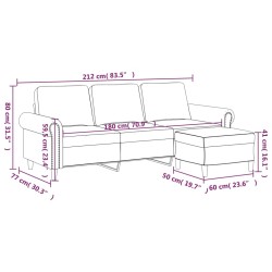 3-osobowa sofa z podnóżkiem, niebieska, 180 cm, aksamit