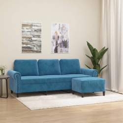 3-osobowa sofa z podnóżkiem, niebieska, 180 cm, aksamit