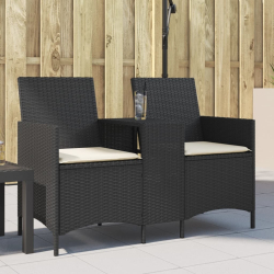Ogrodowa sofa 2-os. ze stolikiem i poduszkami, czarny rattan PE