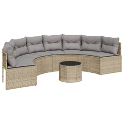 Sofa ogrodowa, stolik i poduszki, półokrągła, beżowy rattan PE