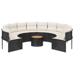 Sofa ogrodowa, stolik i poduszki, okrągła, czarny rattan PE