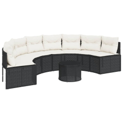 Sofa ogrodowa, stolik i poduszki, półokrągła, czarny rattan PE