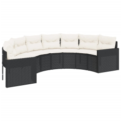 Sofa ogrodowa, stolik i poduszki, półokrągła, czarny rattan PE