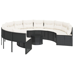 Sofa ogrodowa, stolik i poduszki, okrągła, czarny polirattan