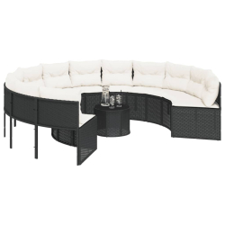 Sofa ogrodowa, stolik i poduszki, okrągła, czarny polirattan