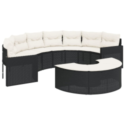 Sofa ogrodowa z poduszkami, półokrągła, czarny rattan PE