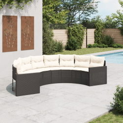 Sofa ogrodowa z poduszkami, półokrągła, czarny rattan PE