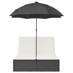 Podwójna leżanka z poduszkami i parasolem, czarna, polirattan
