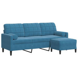 3-osobowa sofa z podnóżkiem, niebieska, 180 cm, aksamit