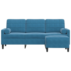 3-osobowa sofa z podnóżkiem, niebieska, 180 cm, aksamit