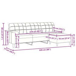 3-osobowa sofa z podnóżkiem, żółta, 210 cm, obita aksamitem