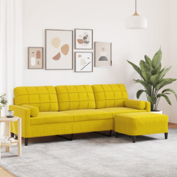 3-osobowa sofa z podnóżkiem, żółta, 210 cm, obita aksamitem