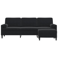3-osobowa sofa z podnóżkiem, czarna, 210 cm, aksamit