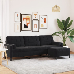 3-osobowa sofa z podnóżkiem, czarna, 210 cm, aksamit