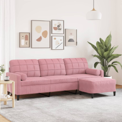 3-osobowa sofa z podnóżkiem, różowy, 210 cm, aksamit