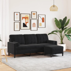 3-osobowa sofa z podnóżkiem, czarna, 180 cm, aksamit