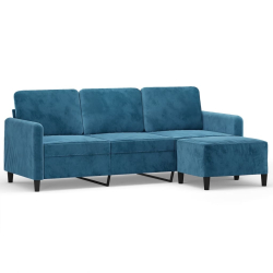 3-osobowa sofa z podnóżkiem, niebieska, 180 cm, aksamit