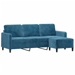 3-osobowa sofa z podnóżkiem, niebieska, 180 cm, aksamit