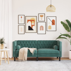 Sofa Chesterfield z wałkami, dwuosobowa, ciemnozielona, aksamit