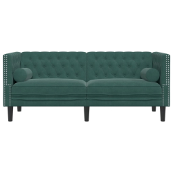 Sofa Chesterfield z wałkami, dwuosobowa, ciemnozielona, aksamit