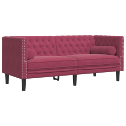 Sofa Chesterfield z wałkami, dwuosobowa, bordowa, aksamit