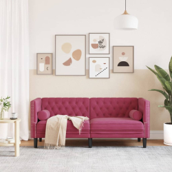 Sofa Chesterfield z wałkami, dwuosobowa, bordowa, aksamit