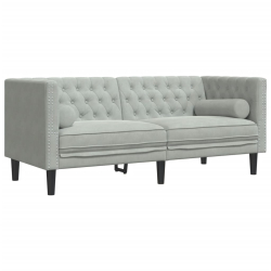 Sofa Chesterfield z wałkami, dwuosobowa, jasnoszara, aksamit