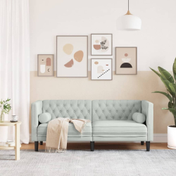 Sofa Chesterfield z wałkami, dwuosobowa, jasnoszara, aksamit