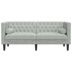 Sofa Chesterfield z wałkami, dwuosobowa, jasnoszara, aksamit