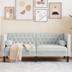 Sofa Chesterfield z wałkami, dwuosobowa, jasnoszara, aksamit
