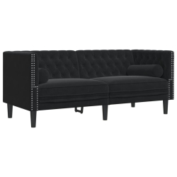 Sofa Chesterfield z wałkami, dwuosobowa, czarna, aksamit