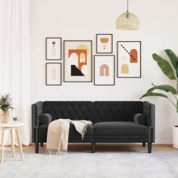 Sofa Chesterfield z wałkami, dwuosobowa, czarna, aksamit