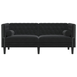 Sofa Chesterfield z wałkami, dwuosobowa, czarna, aksamit