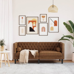 Sofa Chesterfield z wałkami, 2-os., brązowa, sztuczny zamsz