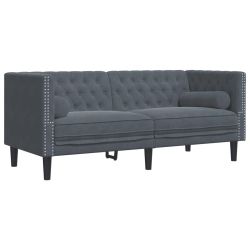 Sofa Chesterfield z wałkami, dwuosobowa, ciemnoszara, aksamit