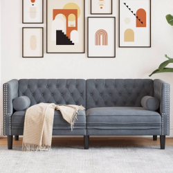 Sofa Chesterfield z wałkami, dwuosobowa, ciemnoszara, aksamit