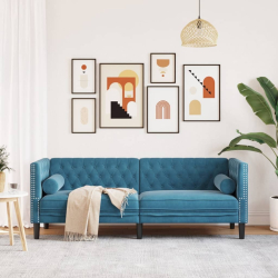 Sofa Chesterfield z wałkami, trzyosobowa, niebieska, aksamit