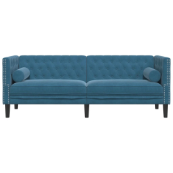 Sofa Chesterfield z wałkami, trzyosobowa, niebieska, aksamit