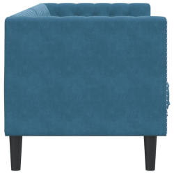 Sofa Chesterfield z wałkami, trzyosobowa, niebieska, aksamit