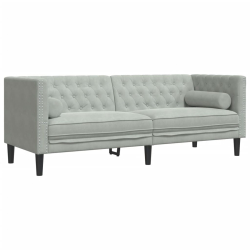 2-cz. wypoczynek Chesterfield z wałkami, jasnoszary, aksamit