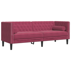 3-cz. wypoczynek Chesterfield z wałkami, bordowy, aksamit
